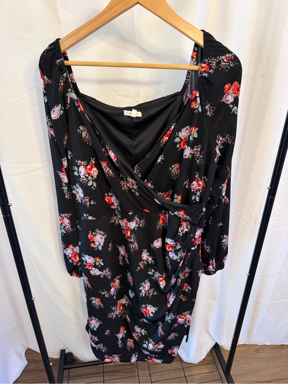 Maurices Black Floral Wrap Midi Dress with Red & Pink Blooms